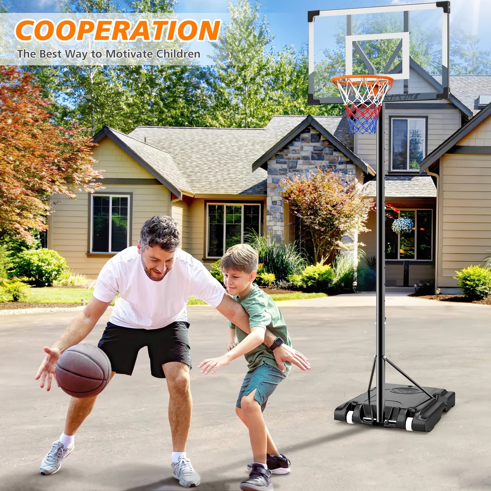 44 in Portable Basketball Hoop Stand for Adults & Kids, 6 Gear 4.4FT-10FT Height Adjustable Outdoor Indoor Basketball Hoop W/Wheels & Large Base for Outside, Court Backyard