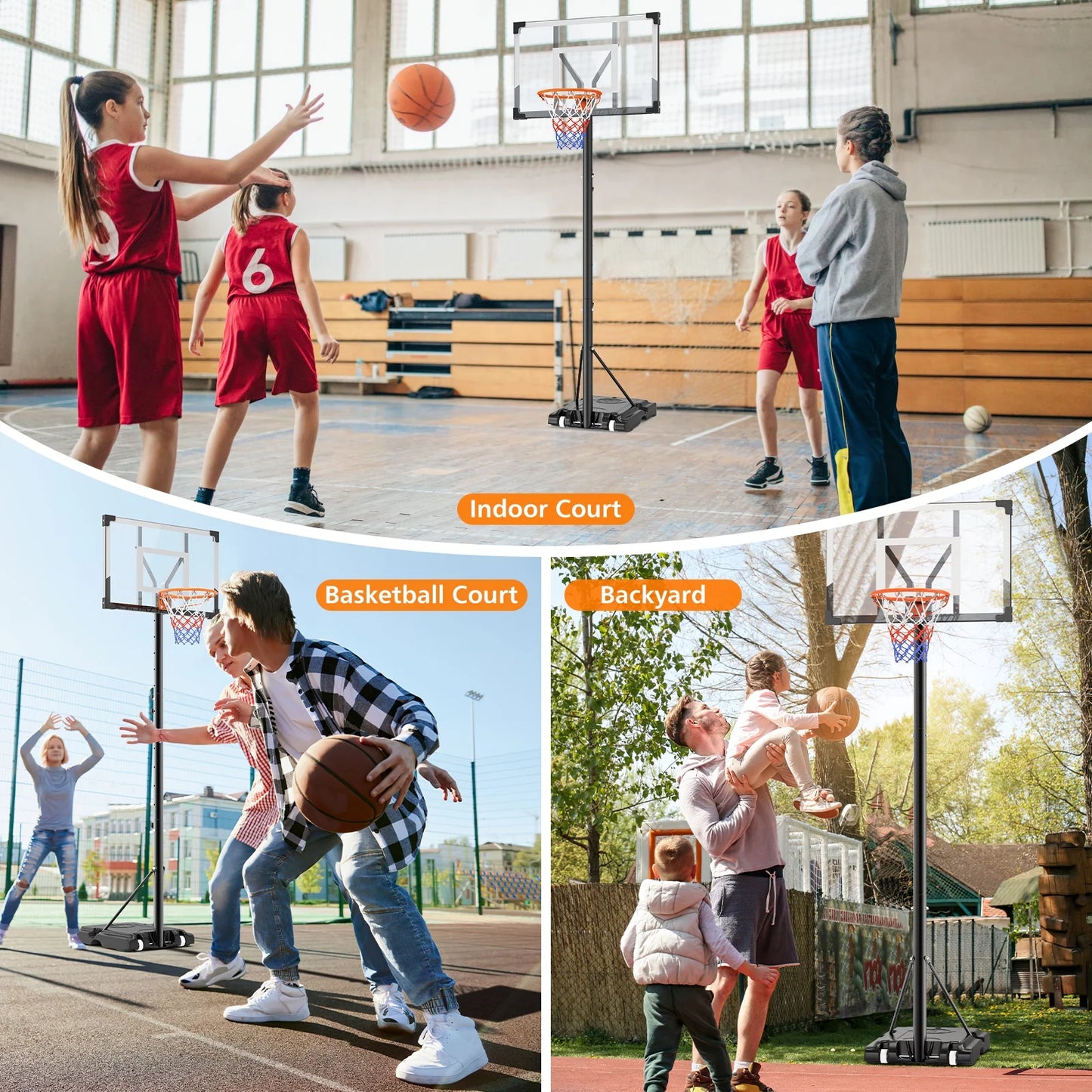 44 in Portable Basketball Hoop Stand for Adults & Kids, 6 Gear 4.4FT-10FT Height Adjustable Outdoor Indoor Basketball Hoop W/Wheels & Large Base for Outside, Court Backyard