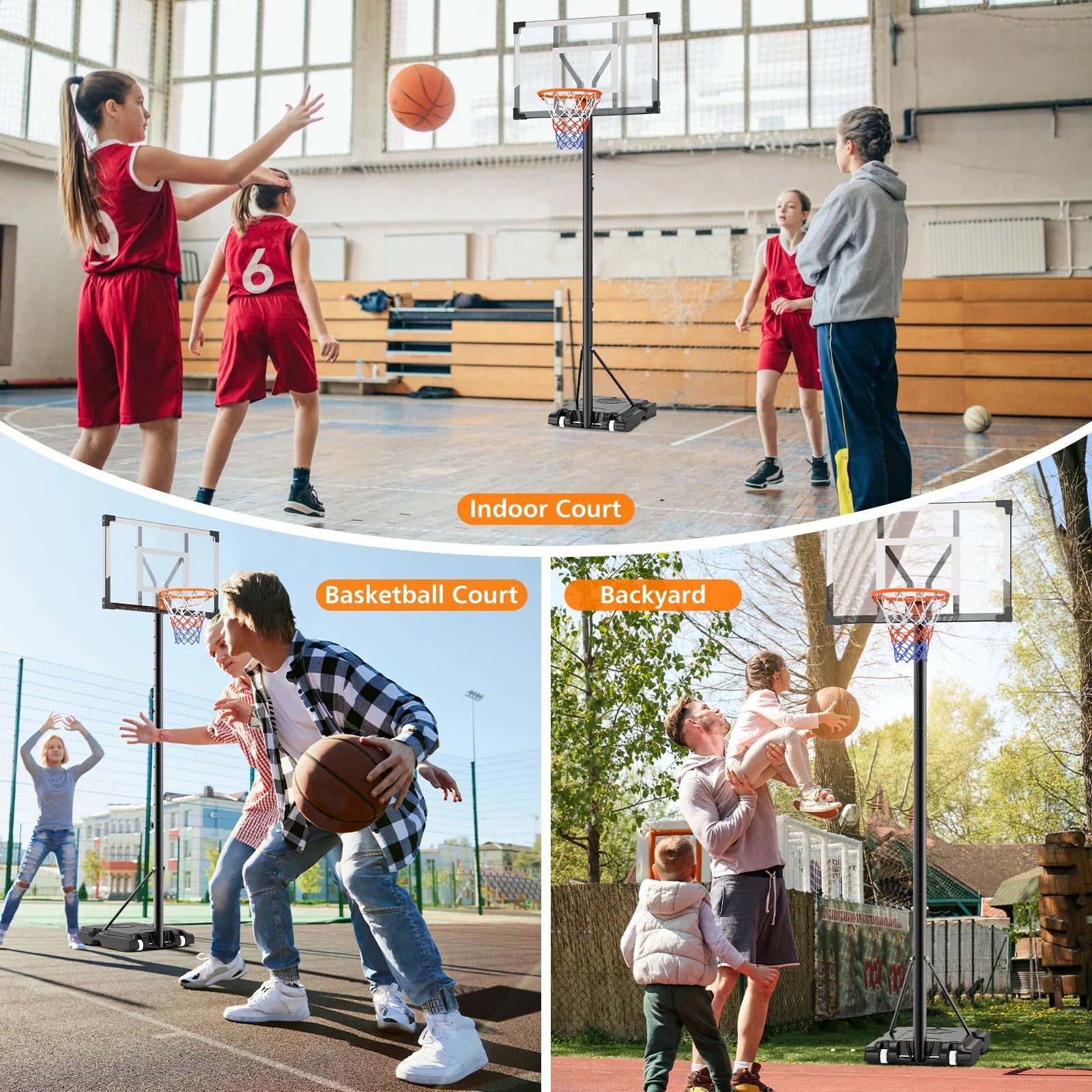 44 in Portable Basketball Hoop Stand for Adults & Kids, 6 Gear 4.4FT-10FT Height Adjustable Outdoor Indoor Basketball Hoop W/Wheels & Large Base for Outside, Court Backyard