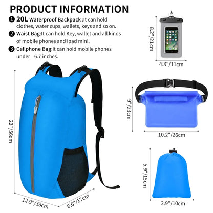 Waterproof Dry Bags Set of 3, Adjustable Shoulder Strap 20L Floating Dry Backpack Compression Sack with Cellphone Phone Waist Bag for Kayaking, Beach, Rafting, Boating, Hiking, Blue