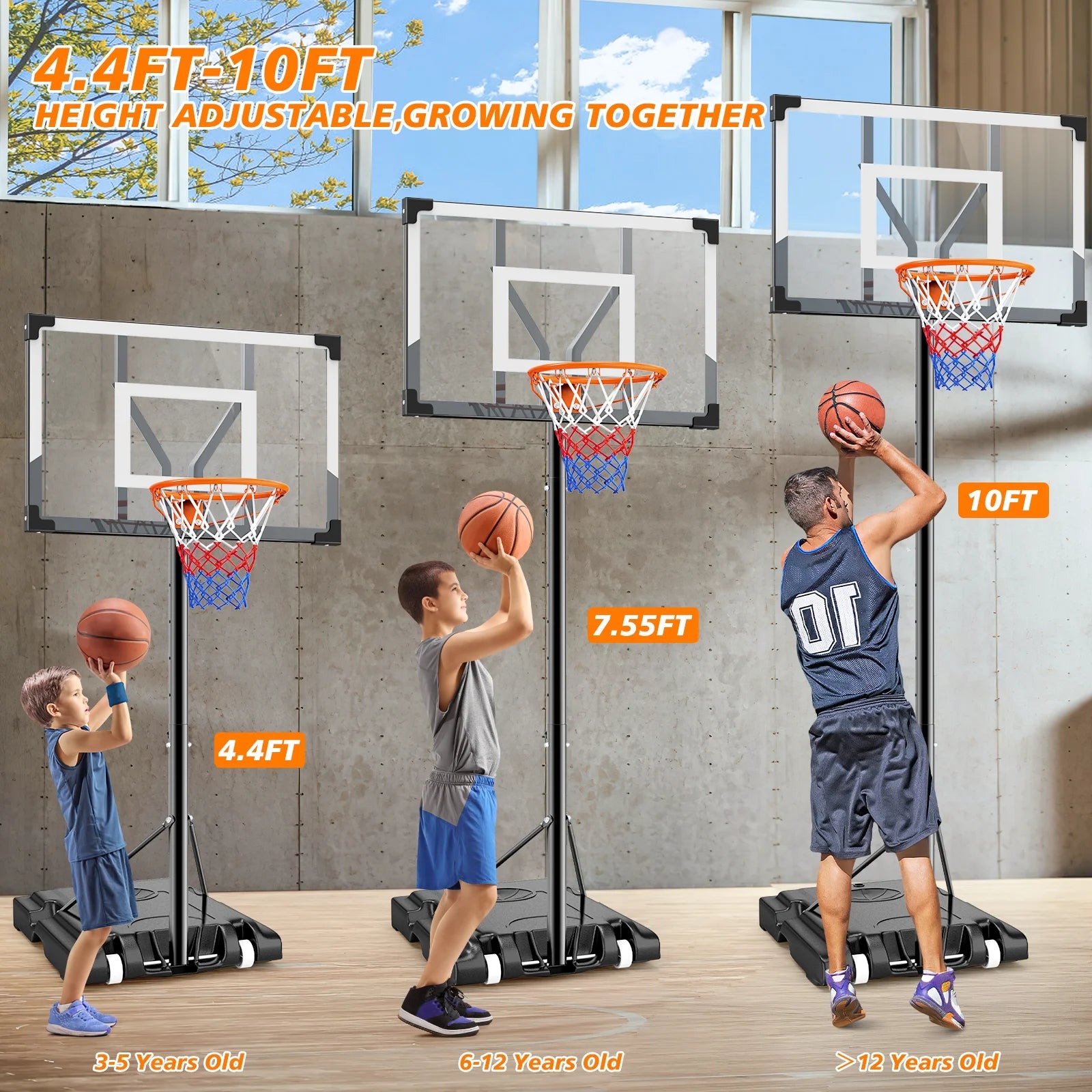 44 in Portable Basketball Hoop Stand for Adults & Kids, 6 Gear 4.4FT-10FT Height Adjustable Outdoor Indoor Basketball Hoop W/Wheels & Large Base for Outside, Court Backyard