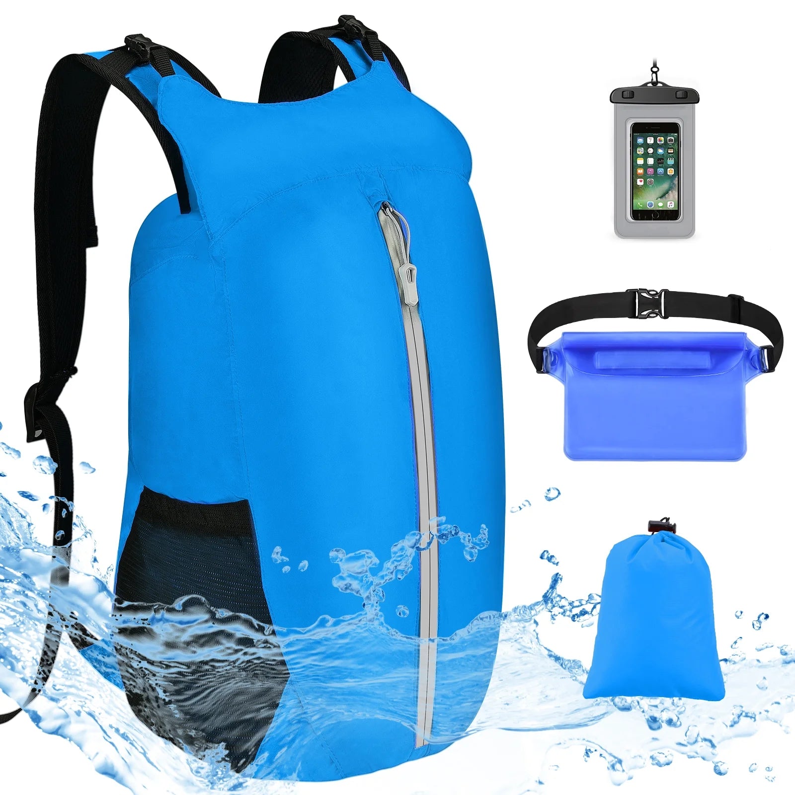 Waterproof Dry Bags Set of 3, Adjustable Shoulder Strap 20L Floating Dry Backpack Compression Sack with Cellphone Phone Waist Bag for Kayaking, Beach, Rafting, Boating, Hiking, Blue