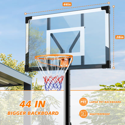 44 in Portable Basketball Hoop Stand for Adults & Kids, 6 Gear 4.4FT-10FT Height Adjustable Outdoor Indoor Basketball Hoop W/Wheels & Large Base for Outside, Court Backyard